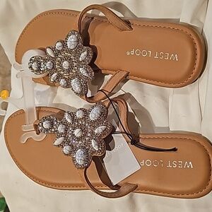 West Loop Women's  Beige Bling Flat Toe Loop Sandals